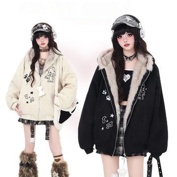 Sweet Girly Kitty Print Plush Cat Ear Hooded Cotton Jacket