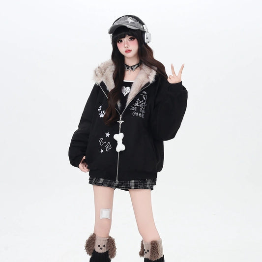 Sweet Girly Kitty Print Plush Cat Ear Hooded Cotton Jacket