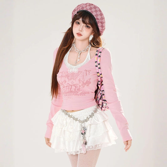 Sweet Girly Pink Butterfly Print Halterneck T-shirt