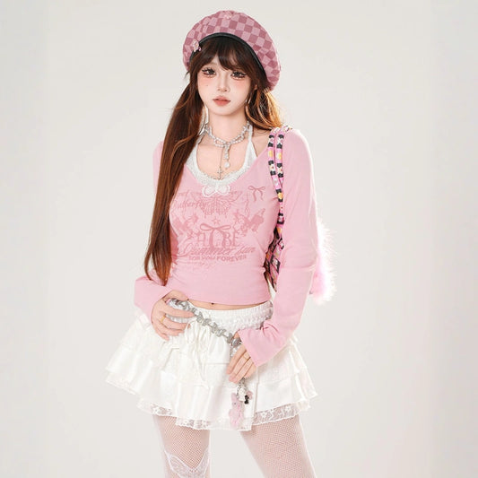 Sweet Girly Pink Butterfly Print Halterneck T-shirt