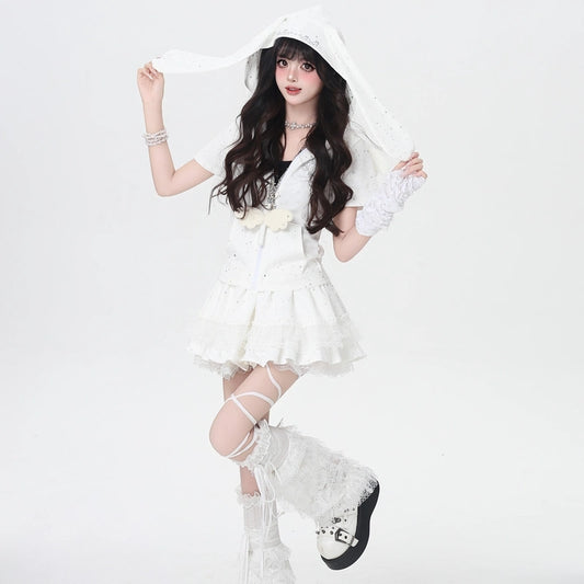 Sweet Girly Pure White Rabbit Ear Hooded Coat
