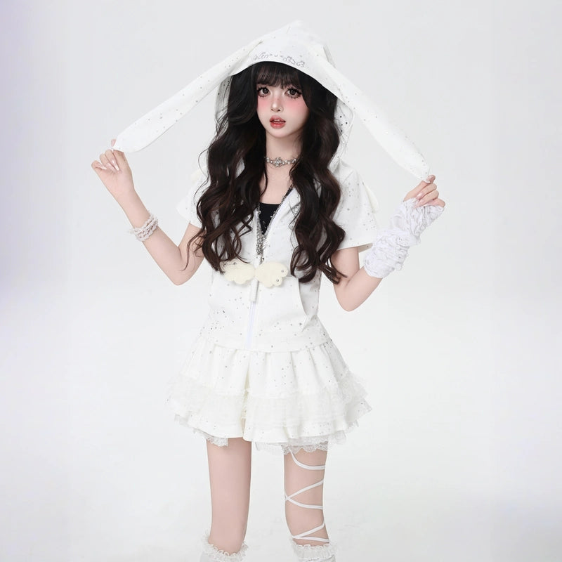 Sweet Girly Pure White Rabbit Ear Hooded Coat