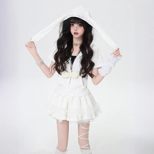Sweet Girly Pure White Rabbit Ear Hooded Coat