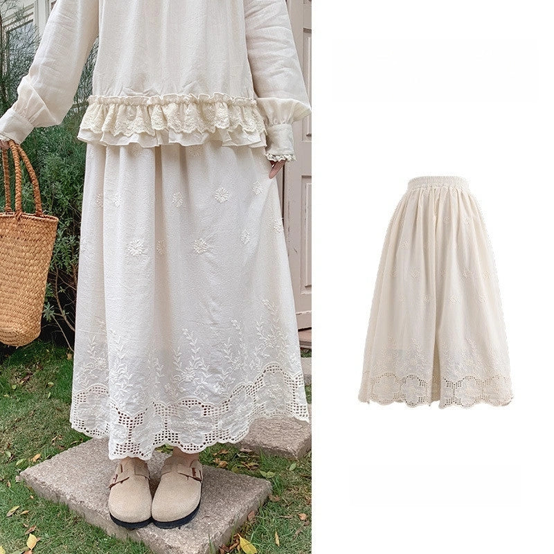 Sweet Girly Style Apricot Hollow-Out A-Line Skirt