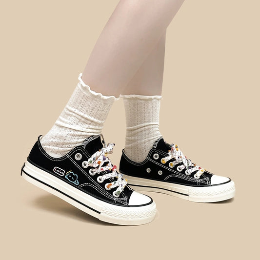 Sweet Girly Style Black Cartoon Cat Print Canvas Shoes