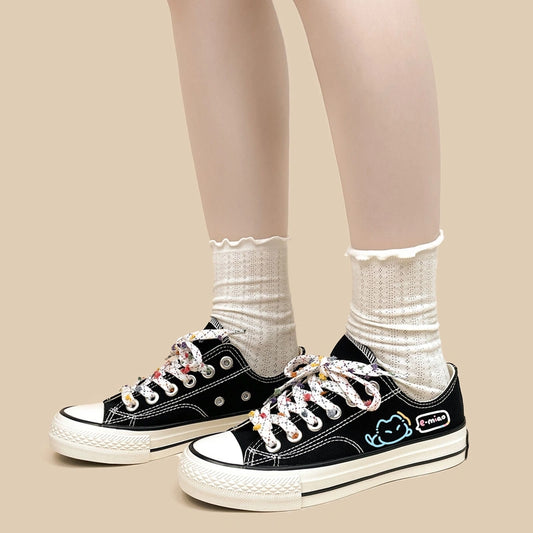 Sweet Girly Style Black Cartoon Cat Print Canvas Shoes