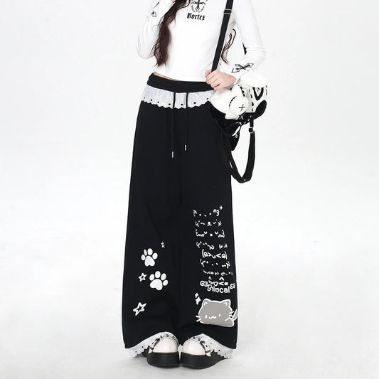 Sweet Girly Style Black Cartoon Cat Print Trousers