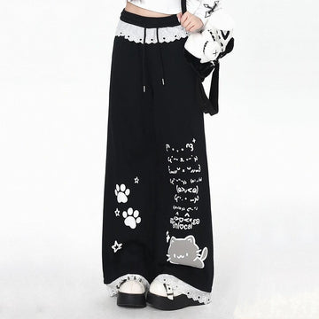 Sweet Girly Style Black Cartoon Cat Print Trousers