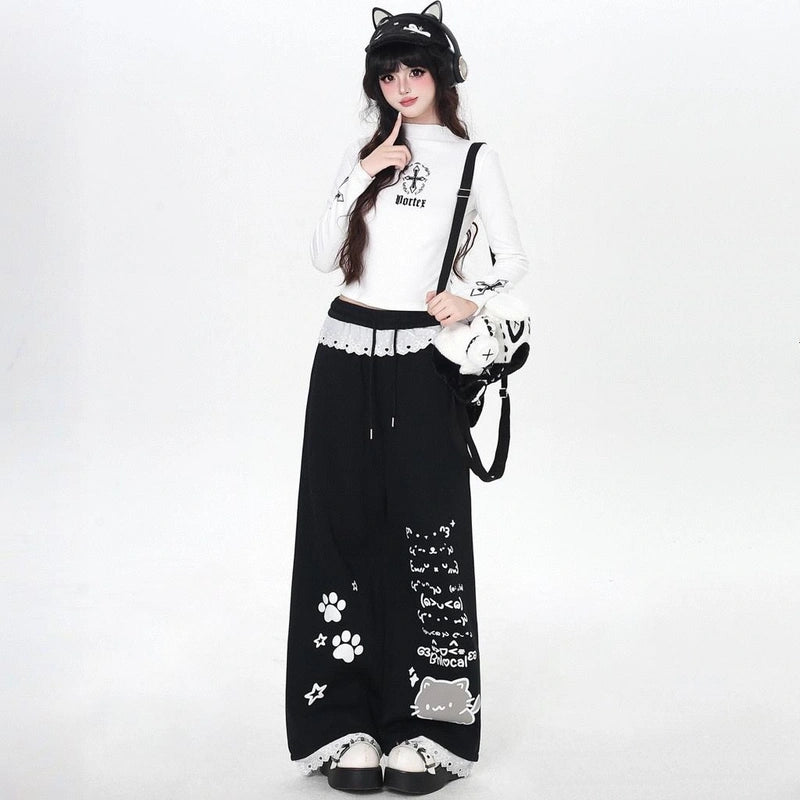 Sweet Girly Style Black Cartoon Cat Print Trousers