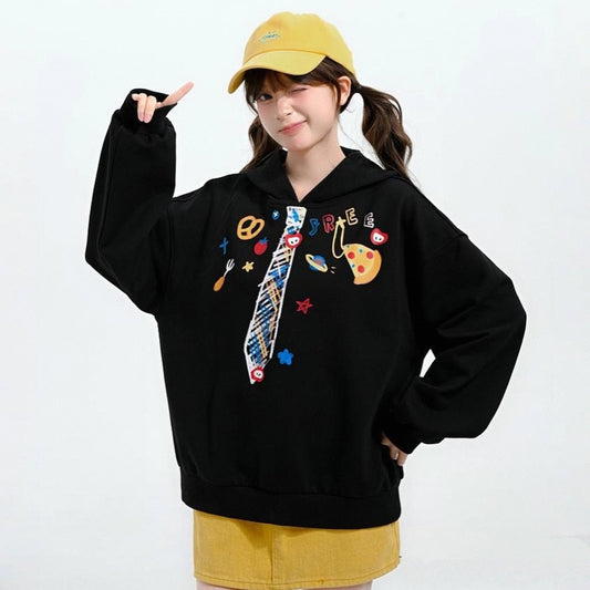 Sweet Girly Style Black Hooded Sweatshirt