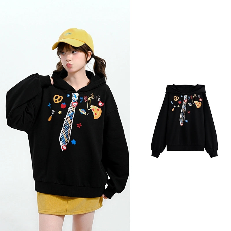 Sweet Girly Style Black Hooded Sweatshirt