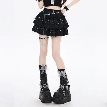 Sweet Girly Style Black Star Sequin Cake Skirt