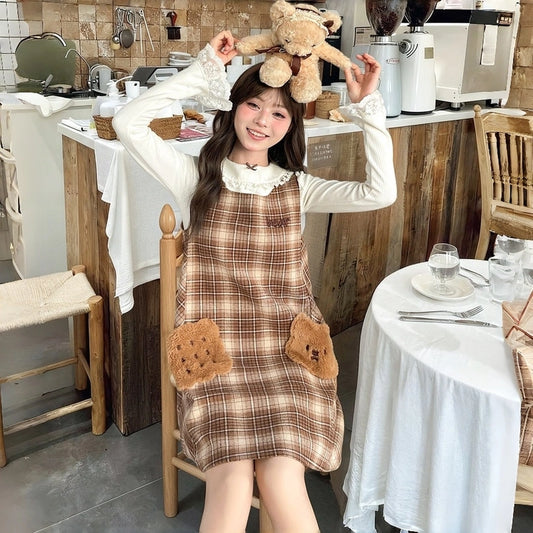 Sweet Girly Style Brown Bear Embroidery Plaid Dress