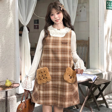 Sweet Girly Style Brown Bear Embroidery Plaid Dress