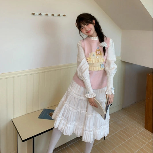 Sweet Girly Style Cake Embroidered Knitted Vest