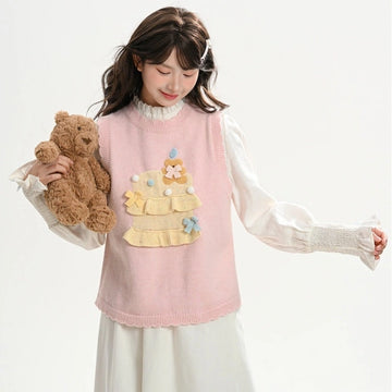Sweet Girly Style Cake Embroidered Knitted Vest