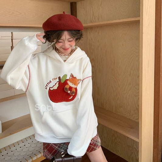 Sweet Girly Style Cartoon Apple and Fox Embroidered Sweatshirt