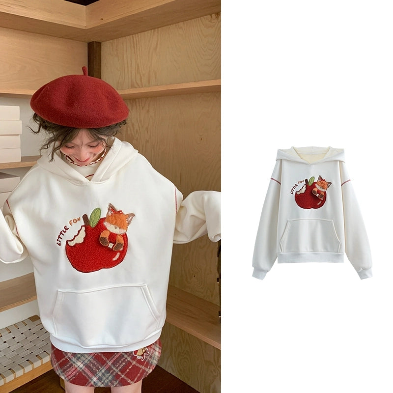 Sweet Girly Style Cartoon Apple and Fox Embroidered Sweatshirt