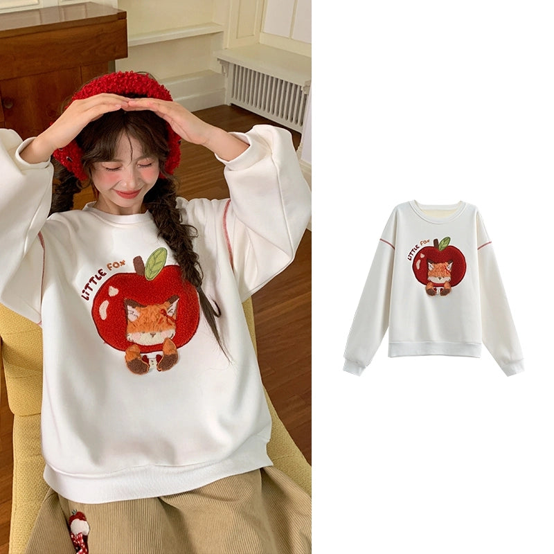 Sweet Girly Style Cartoon Apple and Fox Embroidered Sweatshirt