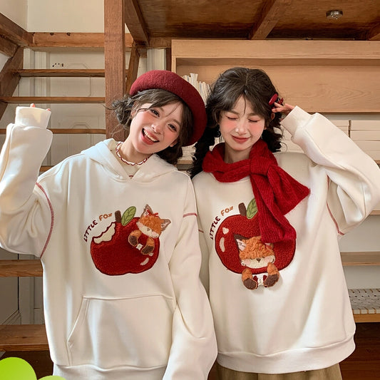 Sweet Girly Style Cartoon Apple and Fox Embroidered Sweatshirt
