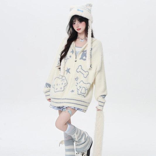 Sweet Girly Style Cartoon Cat Embroidered Hooded Sweater