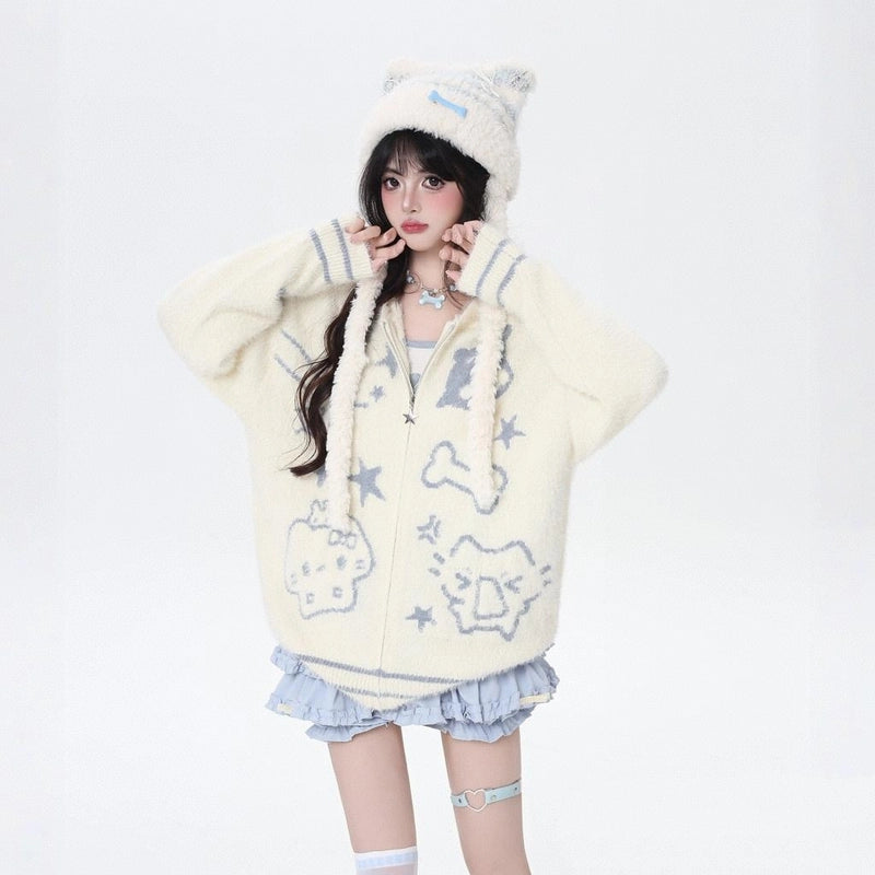 Sweet Girly Style Cartoon Cat Embroidered Hooded Sweater