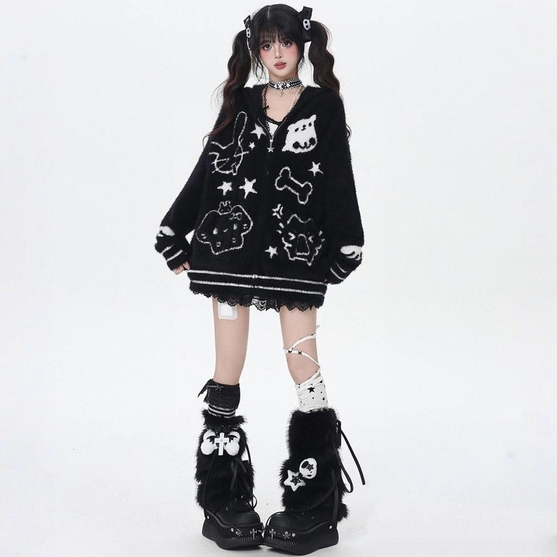 Sweet Girly Style Cartoon Cat Embroidered Hooded Sweater