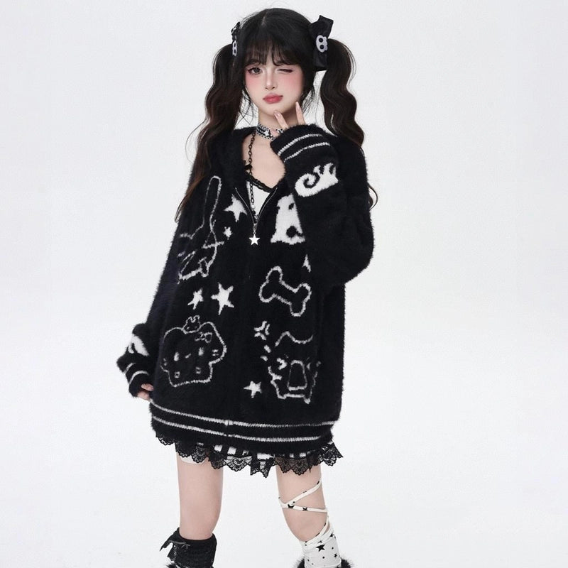 Sweet Girly Style Cartoon Cat Embroidered Hooded Sweater