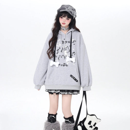 Sweet Girly Style Cartoon Cat Graffiti Print Hoodie