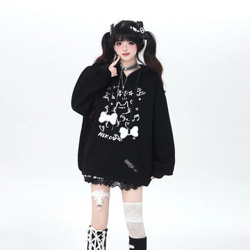 Sweet Girly Style Cartoon Cat Graffiti Print Hoodie