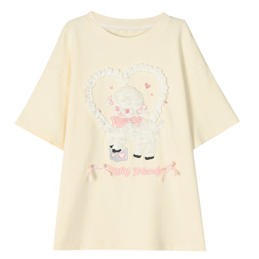 Sweet Girly Style Cartoon Lamb Embroidered T-shirt