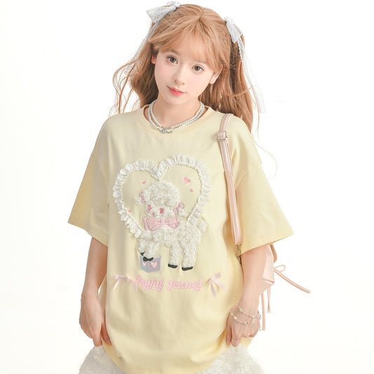 Sweet Girly Style Cartoon Lamb Embroidered T-shirt