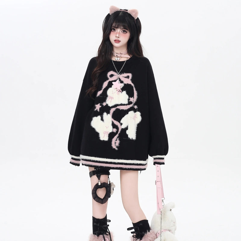 Sweet Girly-Style Cartoon Rabbit Embroidered Sweater