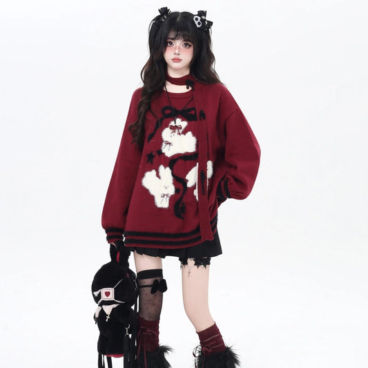 Sweet Girly-Style Cartoon Rabbit Embroidered Sweater