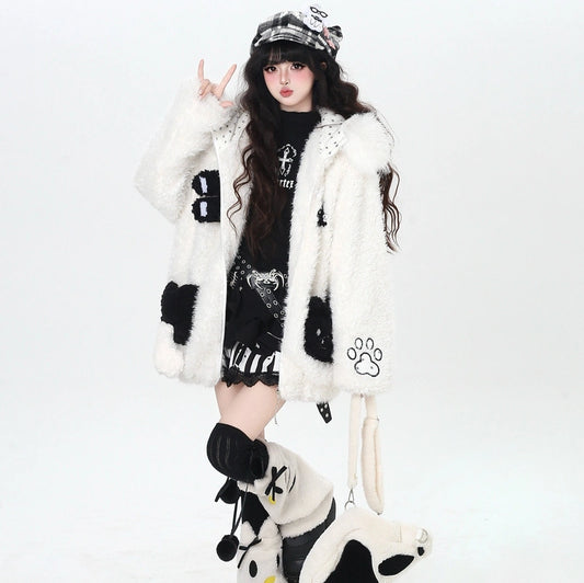 Sweet Girly Style Cat Claw Embroidered Velvet Hooded Cotton Coat