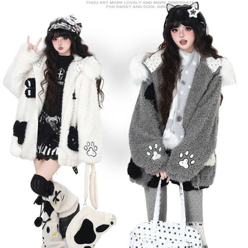 Sweet Girly Style Cat Claw Embroidered Velvet Hooded Cotton Coat