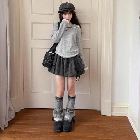 Sweet Girly Style Gray Knitted A-line Skirt