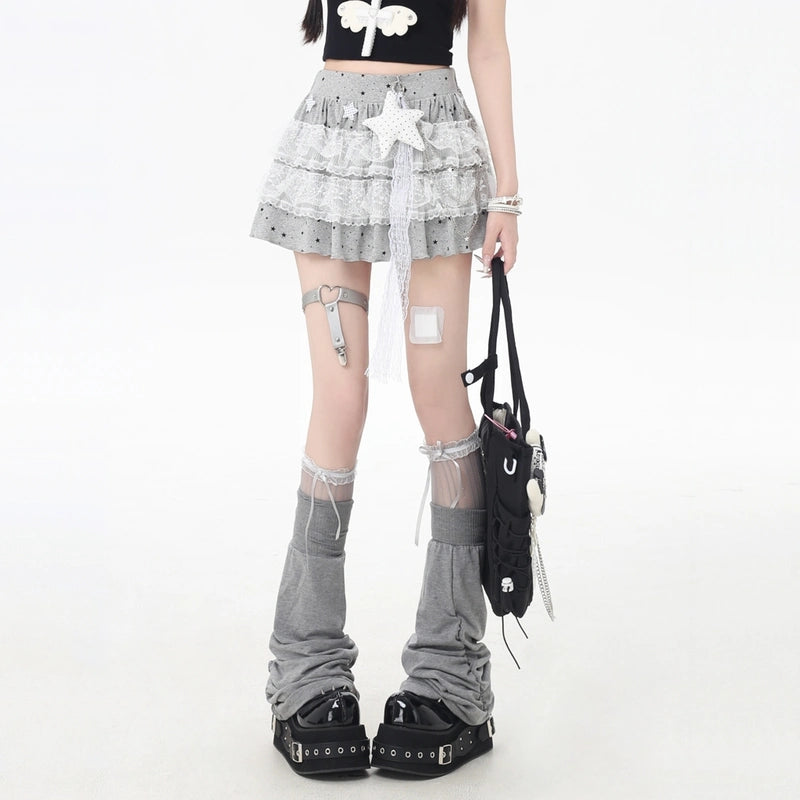 Sweet Girly Style Lace Star Embellished Skirt