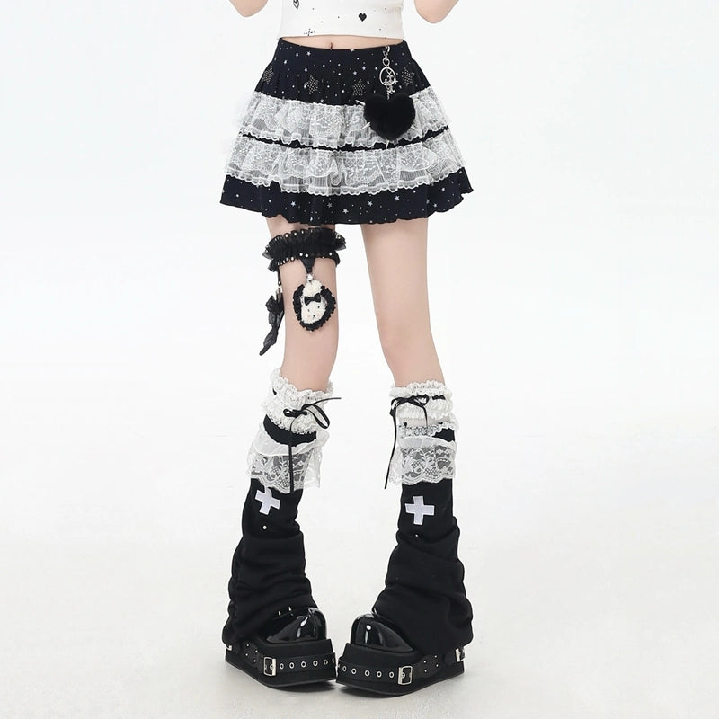 Sweet Girly Style Lace Star Embellished Skirt