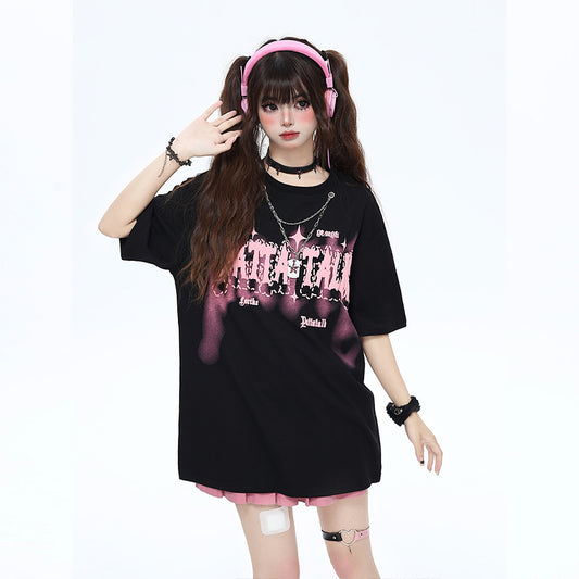 Sweet Girly Style Letter Print Round Neck T-shirt