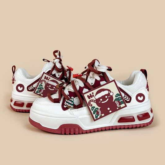 Sweet Girly Style Red Gingerbread Man Decorated Sneakers