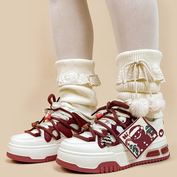 Sweet Girly Style Red Gingerbread Man Decorated Sneakers
