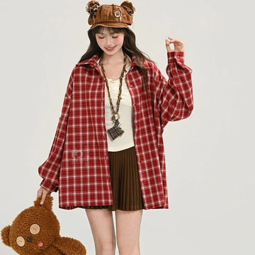 Sweet Girly Style Red Plaid Blouse