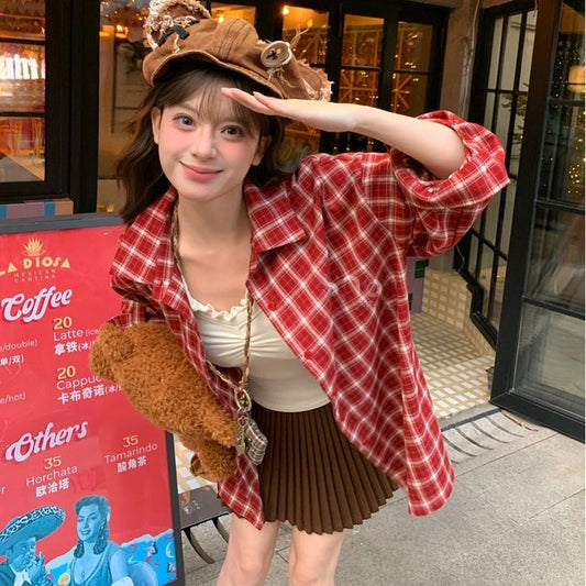 Sweet Girly Style Red Plaid Blouse