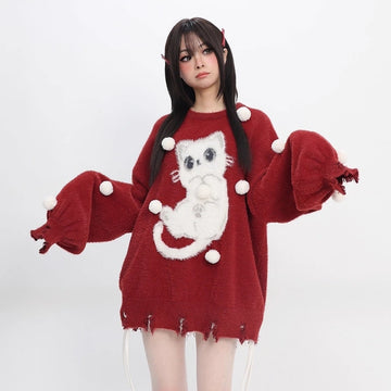 Sweet Girly Style Red Pompom Cat Embroidered Sweater