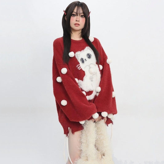 Sweet Girly Style Red Pompom Cat Embroidered Sweater