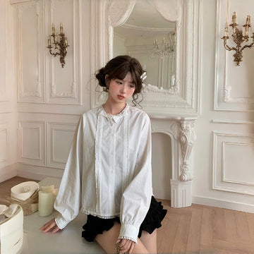 Sweet Girly Style White Lace-Trimmed Blouse