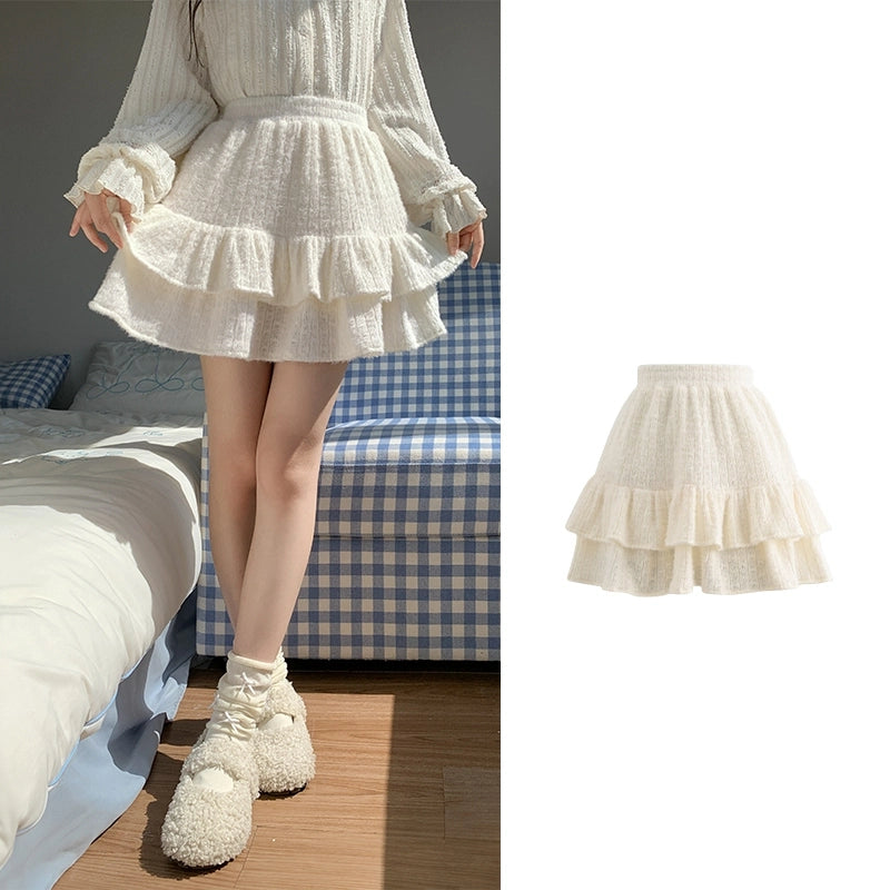 Sweet Girly White High-Waisted Knit Skirt