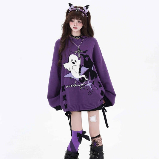 Sweet Halloween Style Ghost Embroidered Loose Sweater