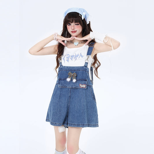 Sweet Hong Kong Girl Style Blue Denim Overalls